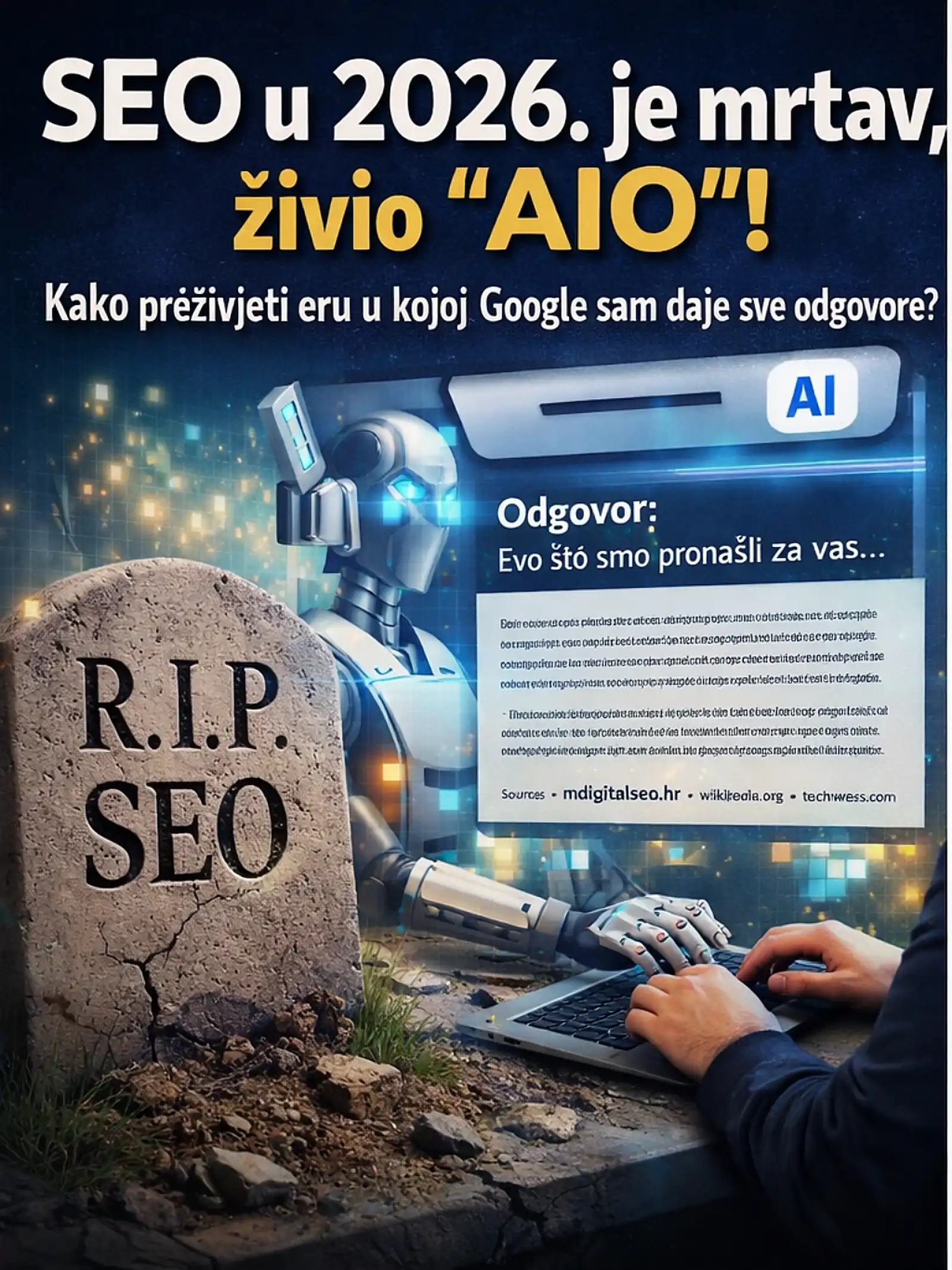 Robot tipka na računalu pored nadgrobnog spomenika R.I.P. SEO, ilustracija nove ere AIO optimizacije za mdigitalseo.hr